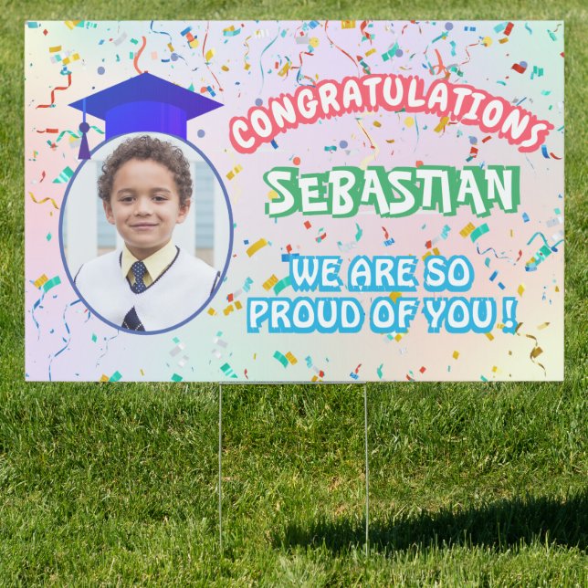 Pround of You Graduation Cap Confetti Pastel Photo Sign (Insitu)