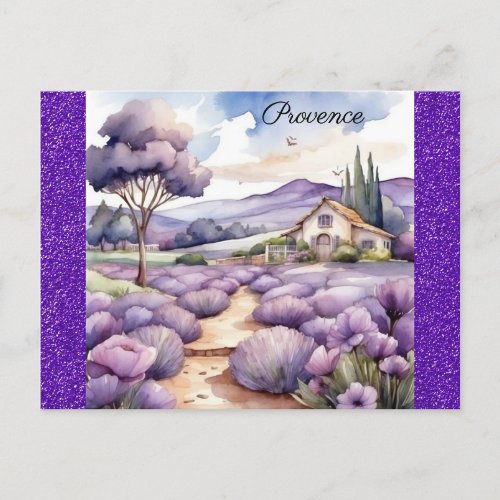 Provence France French Lavender Field Watercolor Postcard