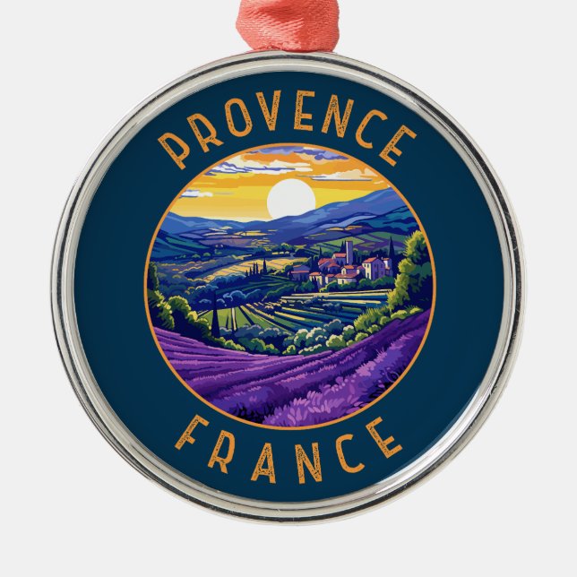 Provence France Lavender Retro Distressed Circle Metal Ornament (Front)