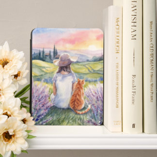 Provence Lavender Field Girl & Orange Tabby Cat Kindle Cover