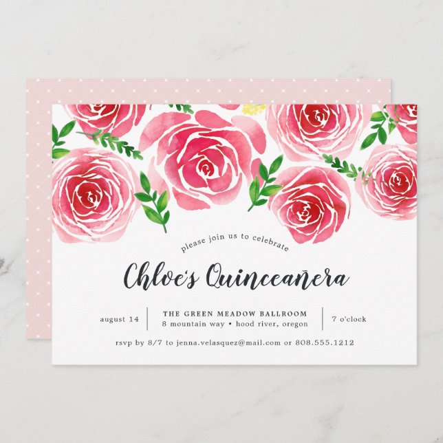 Provence Rose | Red Watercolor Floral Quinceañera Invitation (Front/Back)