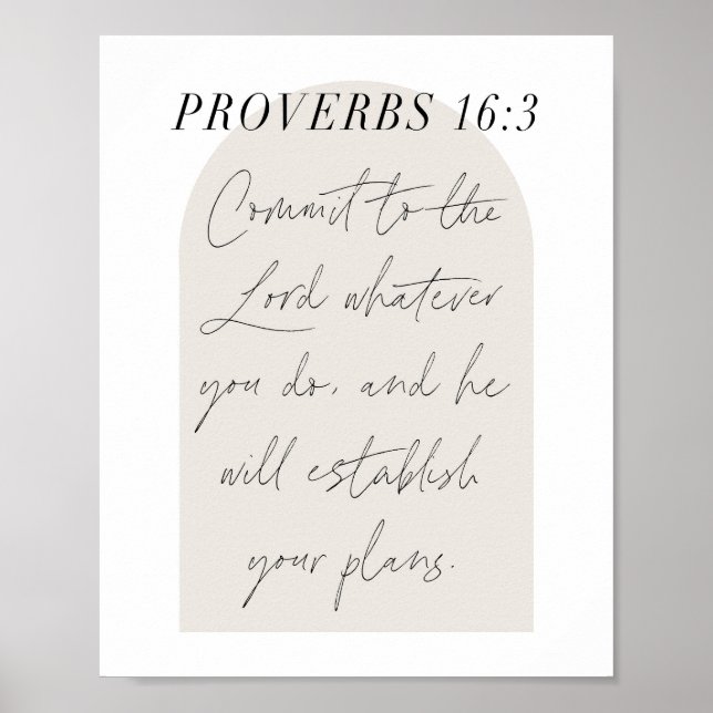 Proverbs 16:3 Minimal Boho Beige Arch Script Poster (Front)