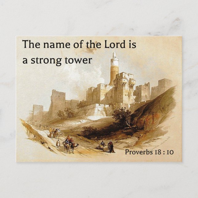 Proverbs 18 : 10 on an old lithograph of Jerusalem Postcard (Front)