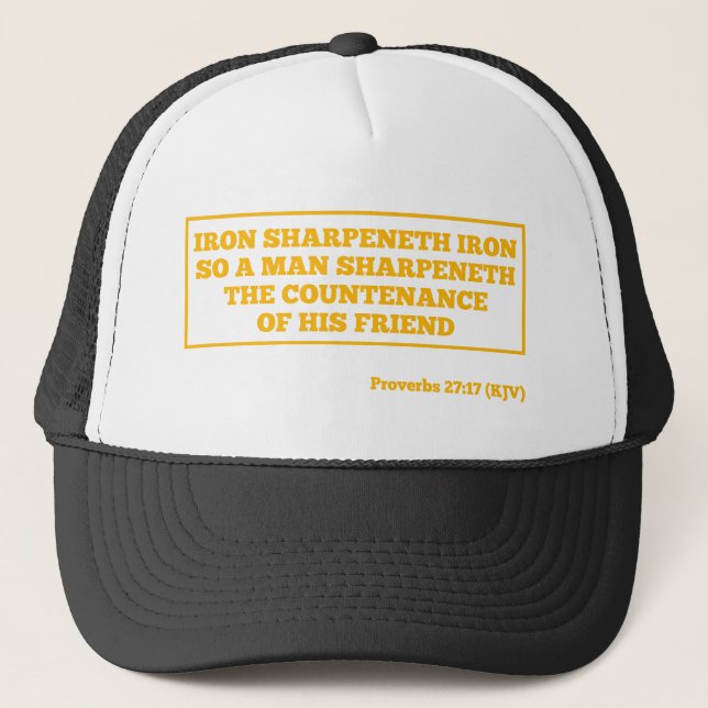 Proverbs 27:17 Iron Sharpens Iron Christian KJV Trucker Hat (Front)
