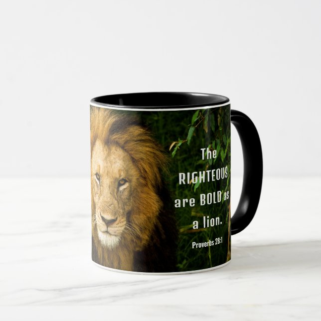 Proverbs 28:1 Righteous are Bold as a Lion Bible Mug (Front Right)