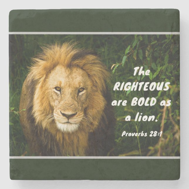 Proverbs 28:1 Righteous are Bold as a Lion Bible Stone Coaster (Front)