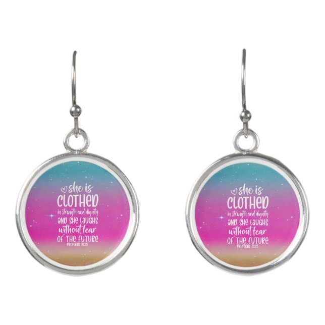 Proverbs 31:25 Bible Scripture Earrings (Front)