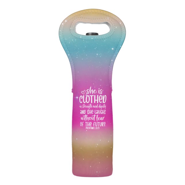 Proverbs 31:25 Bible Scripture Wine Tote (Front)