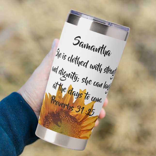 Proverbs 31:25 Bible Verse Custom Name Sunflower Insulated Tumbler (Creator Uploaded)