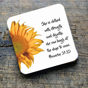 Proverbs 31:25 Bible Verse Half Sunflower Custom Square Paper Coaster
