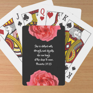 Proverbs 31:25 Bible Verse Red Rose On Black Poker Cards