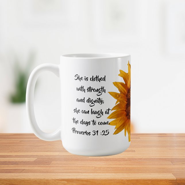 Proverbs 31:25 Bible Verse Sunflower Custom Coffee Mug (Creator Uploaded)