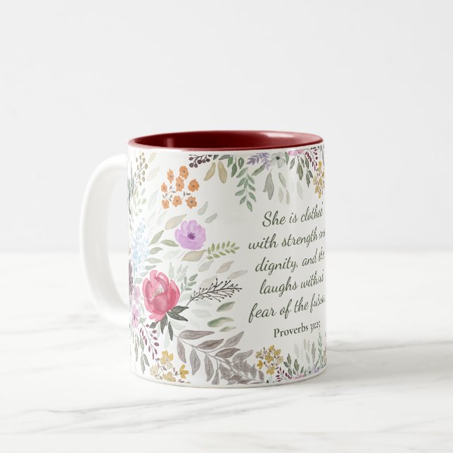 Proverbs 31:25 Bible Verse Watercolor floral  Two-Tone Coffee Mug (Front Left)