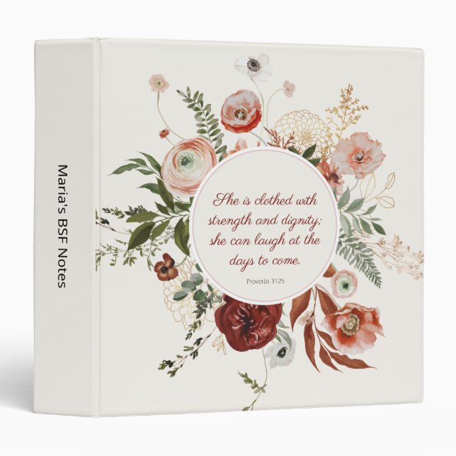Proverbs 31:25 Blush Pink Floral Wreath 3 Ring Binder (Front/Spine)