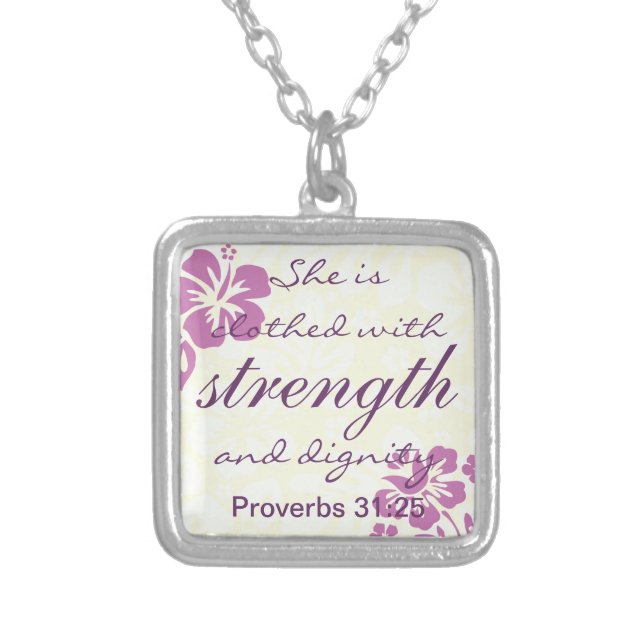 Proverbs 31 25 Clothed with Strength - Purple Silver Plated Necklace (Front)