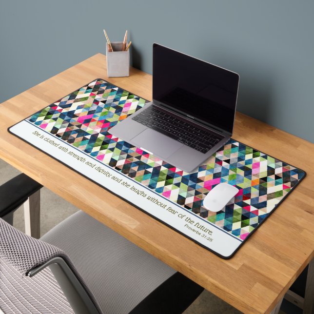 Proverbs 31:25 Colorful Geometric Triangles Desk Mat (Office 2)
