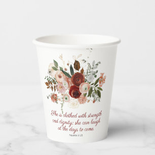 Proverbs 31:25 Elegant Blush Pink Floral Paper Cups