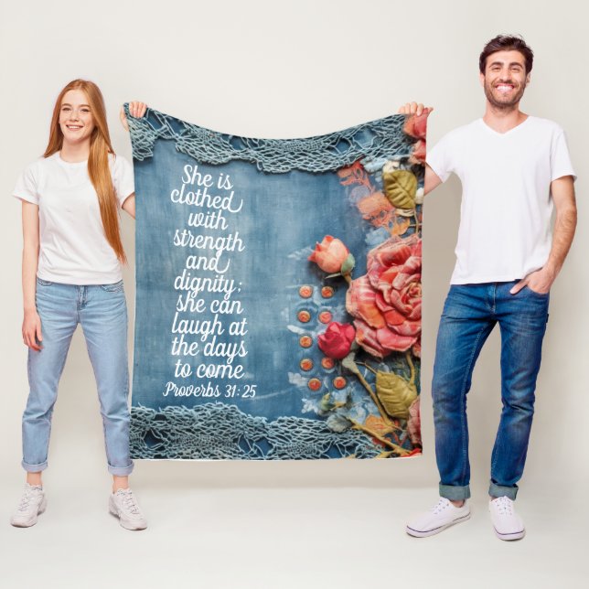 Proverbs 31:25 Fleece Blanket Bible Verse Floral (In Situ)
