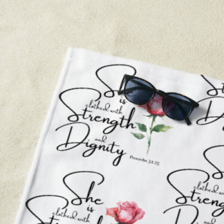 Proverbs 31:25 Flower Bible Verse Seamless Pattern Beach Towel