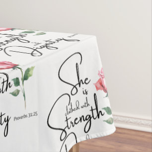 Proverbs 31:25 Flower Bible Verse Seamless Pattern Tablecloth