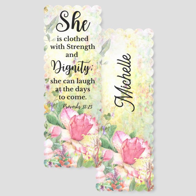 Proverbs 31:25 Personalize Pink Floral Bible Verse Bookmarks (Front & Back)
