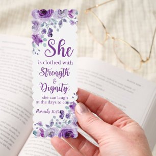 Proverbs 31:25 Personalize Purple Floral Bible Bookmarks