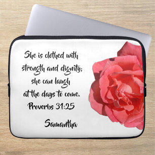 Proverbs 31:25 Red Rose Custom Bible Verse Laptop Sleeve