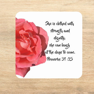 Proverbs 31:25 Red Rose Custom Bible Verse Square Sticker