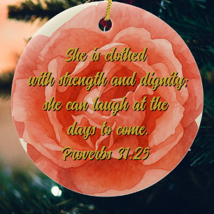 Proverbs 31:25 Red Rose Custom Christian Ceramic Ornament