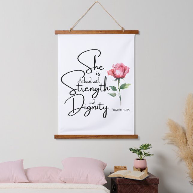 Proverbs 31:25 She is clothed Bible Verse Flower Hanging Tapestry (Bedroom)