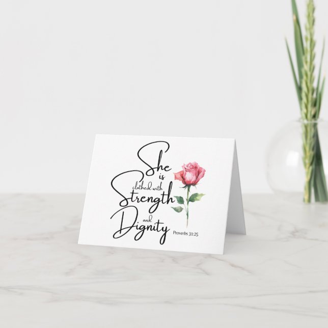 Proverbs 31:25 She is clothed Bible Verse Flower Holiday Card (Front)
