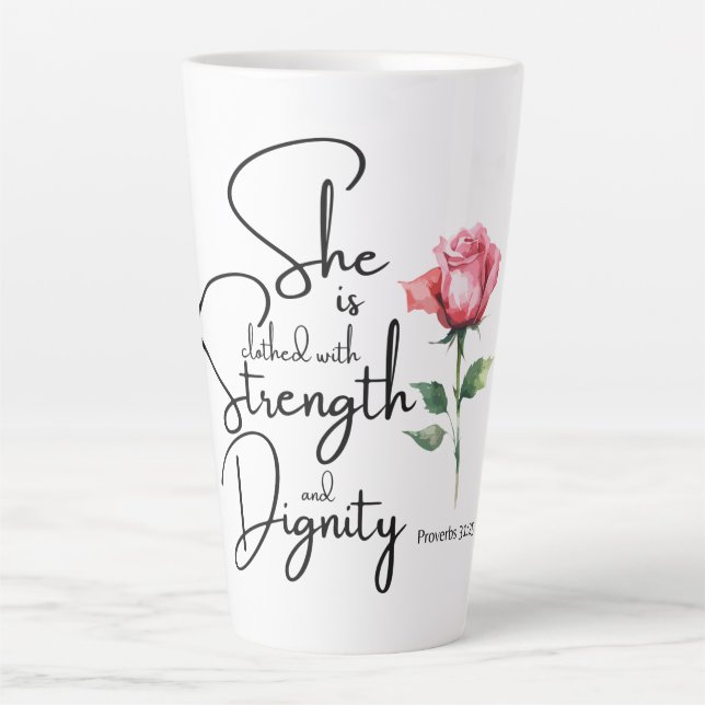 Proverbs 31:25 She is clothed Bible Verse Flower Latte Mug (Front)
