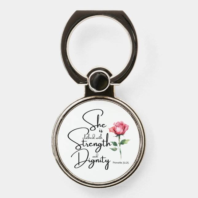 Proverbs 31:25 She is clothed Bible Verse Flower Phone Ring Stand (Front)