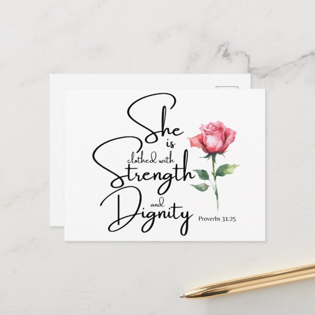 Proverbs 31:25 She is clothed Bible Verse Flower Postcard (Front/Back In Situ)