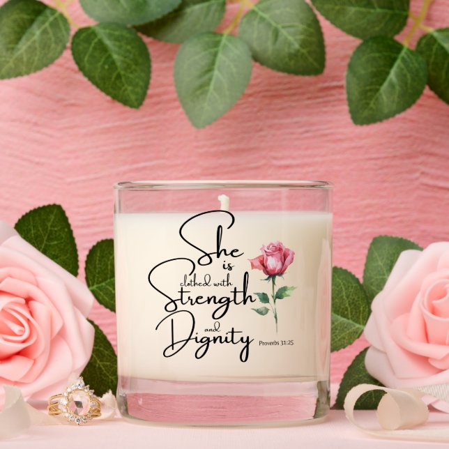 Proverbs 31:25 She is clothed Bible Verse Flower Scented Candle (Wedding)