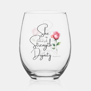 Proverbs 31:25 She is clothed Bible Verse Flower Stemless Wine Glass