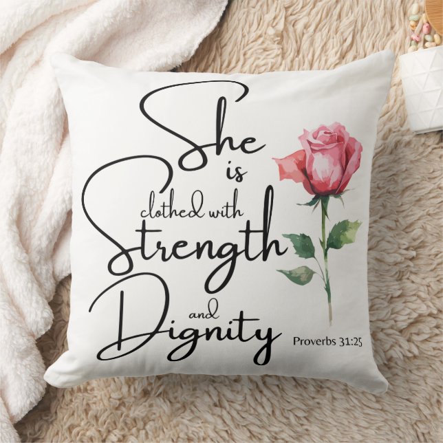 Proverbs 31:25 She is clothed Bible Verse Flower Throw Pillow (Blanket)