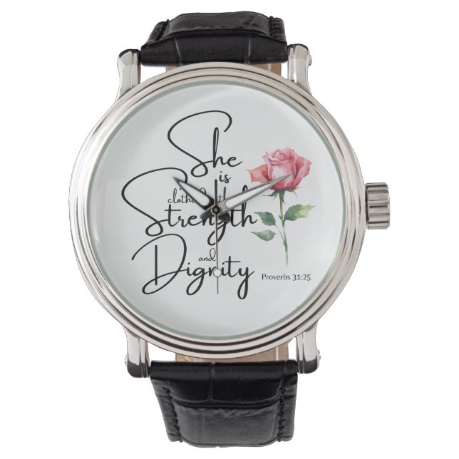 Proverbs 31:25 She is clothed Bible Verse Flower Watch (Front)