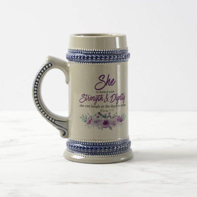 Proverbs 31:25 Strength and Dignity Purple Flower  Beer Stein (Left)