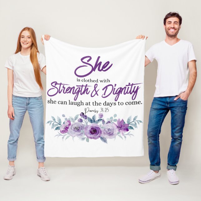 Proverbs 31:25 Strength and Dignity Purple Flower  Fleece Blanket (In Situ)