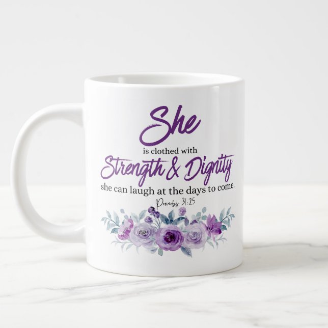 Proverbs 31:25 Strength and Dignity Purple Flower  Giant Coffee Mug (Left)