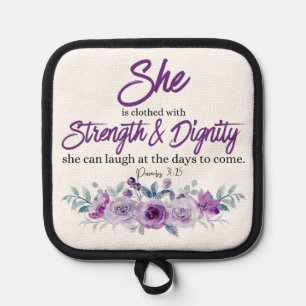 Proverbs 31:25 Strength and Dignity Purple Flower Pot Holder