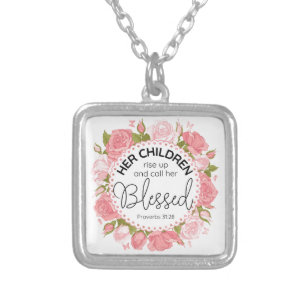 Proverbs 31:28 Mother's Day Scripture Pink Flowers Silver Plated Necklace