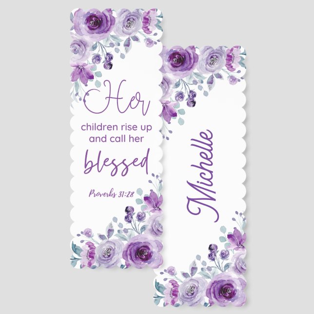 Proverbs 31:28 Personalize Purple Floral Christian Bookmarks (Front & Back)