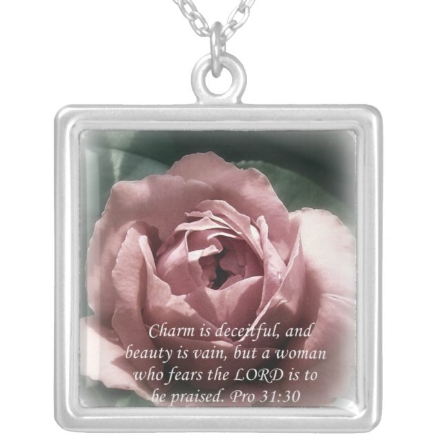 Proverbs 31:30 silver plated necklace (Front)