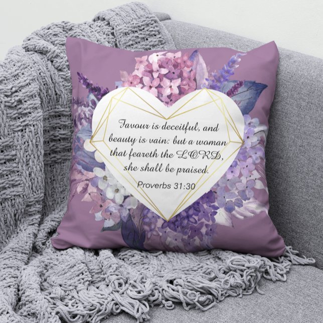 Proverbs 31 Bible Quote Purple floral heart Throw Pillow (Proverbs 31 Throw Pillow)
