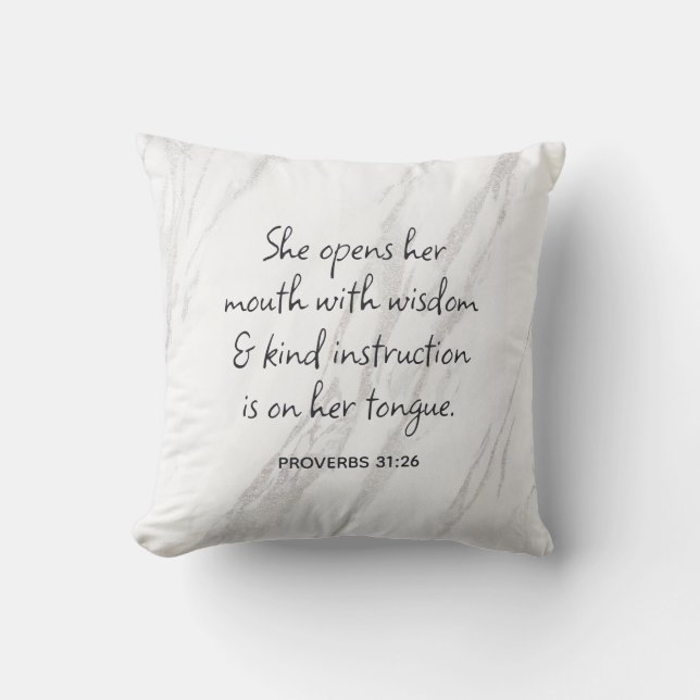 Proverbs 31 Bible Verse Marble Glam Photo Throw Pillow (Front)