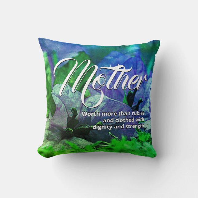 PROVERBS 31 Christian Blue Floral Mother's Day Throw Pillow (Front)