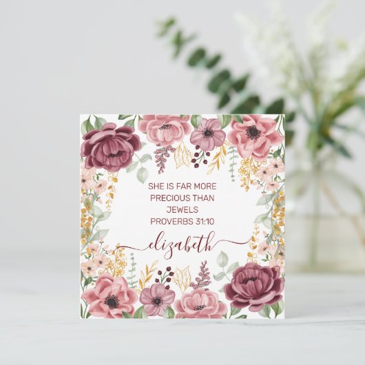 Proverbs 31 Elegant pastel pink flower flat card (Standing Front)