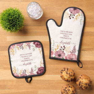 Proverbs 31 Elegant pastel pink flower Oven Mitt & Pot Holder Set